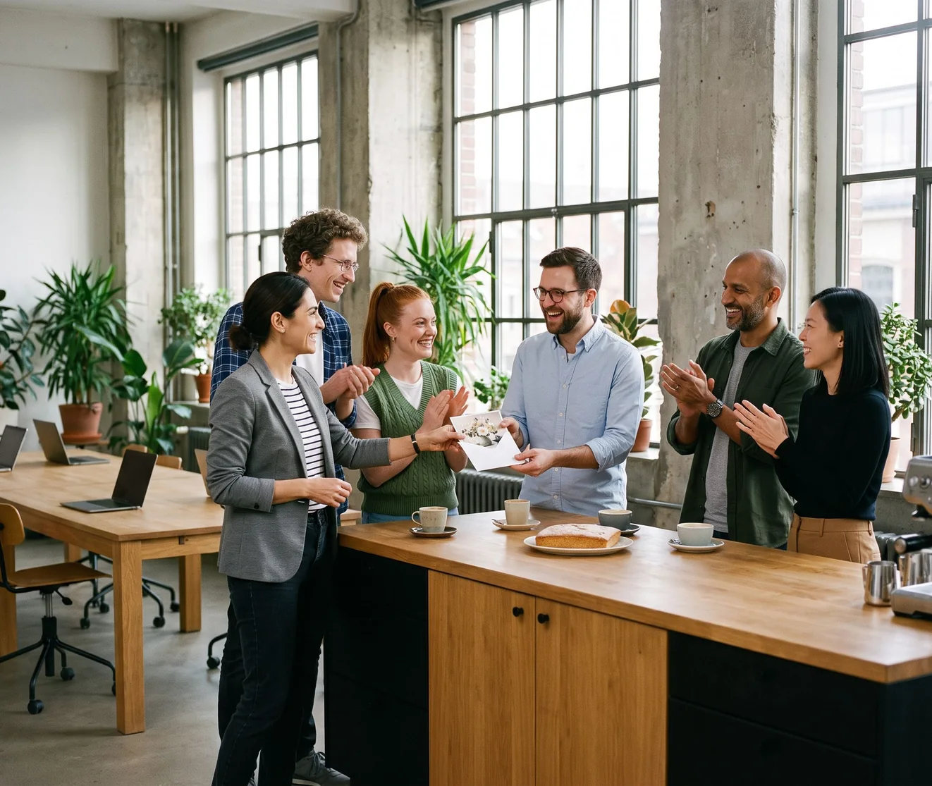 Ein Team feiert an der Küchentheke im Büro: die Personalleiterin überreicht einem Kollegen eine Atento Geschenkkarte, die anderen applaudieren.