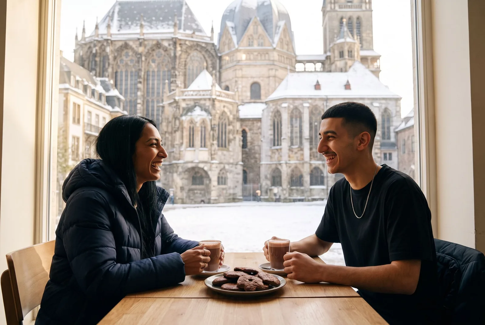 Geschwister lachen bei Aachener Printen und heißer Schokolade in einem Café am Dom