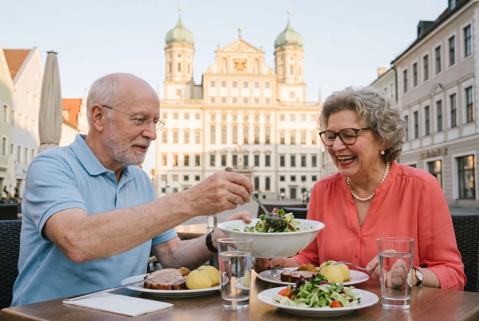 Ein Paar beim Abendessen auf einer Restaurantterrasse am Augsburger Rathausplatz