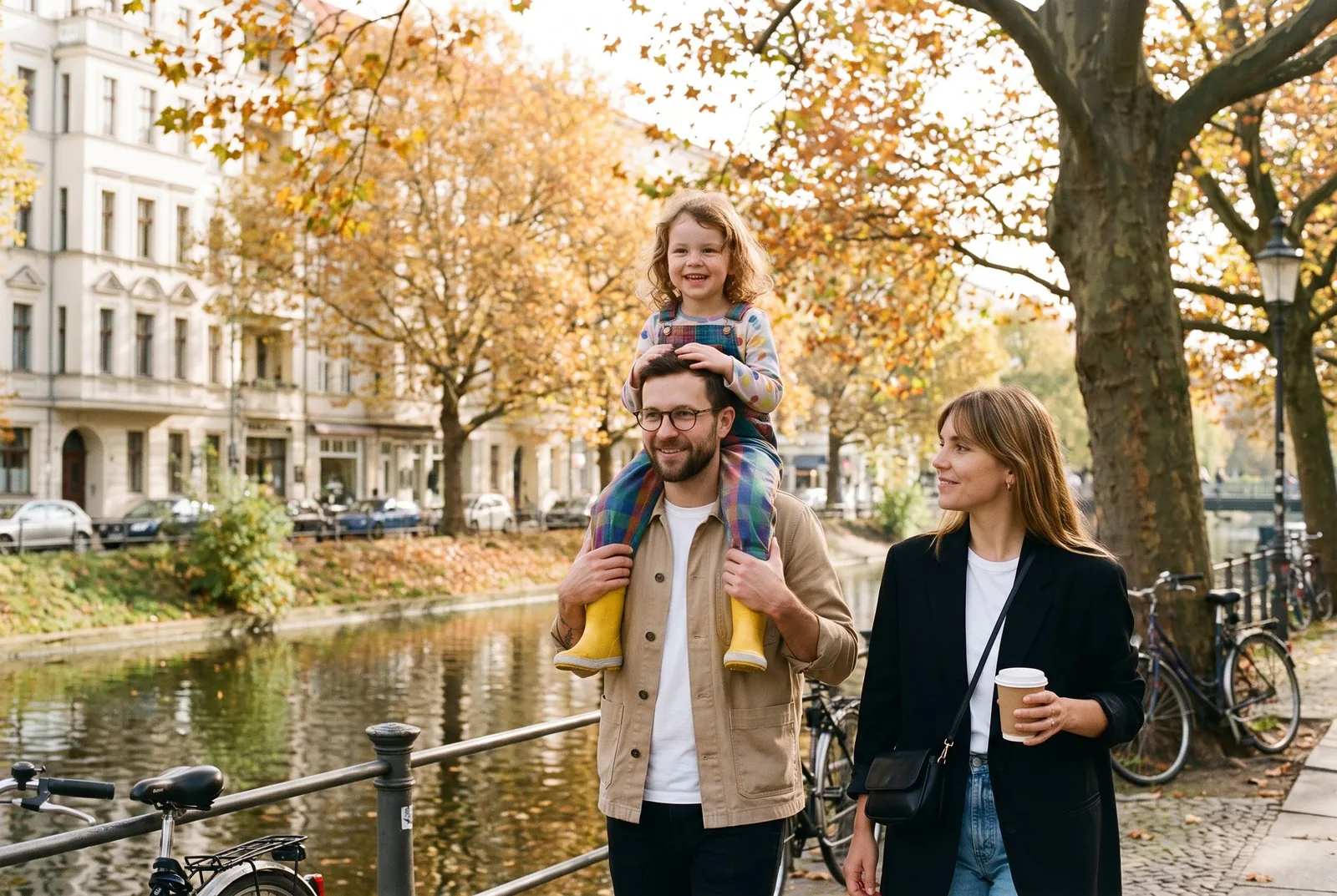 Ein Paar spaziert mit seiner Tochter auf den Schultern am Landwehrkanal in Kreuzberg, Herbstlaub an den Platanen