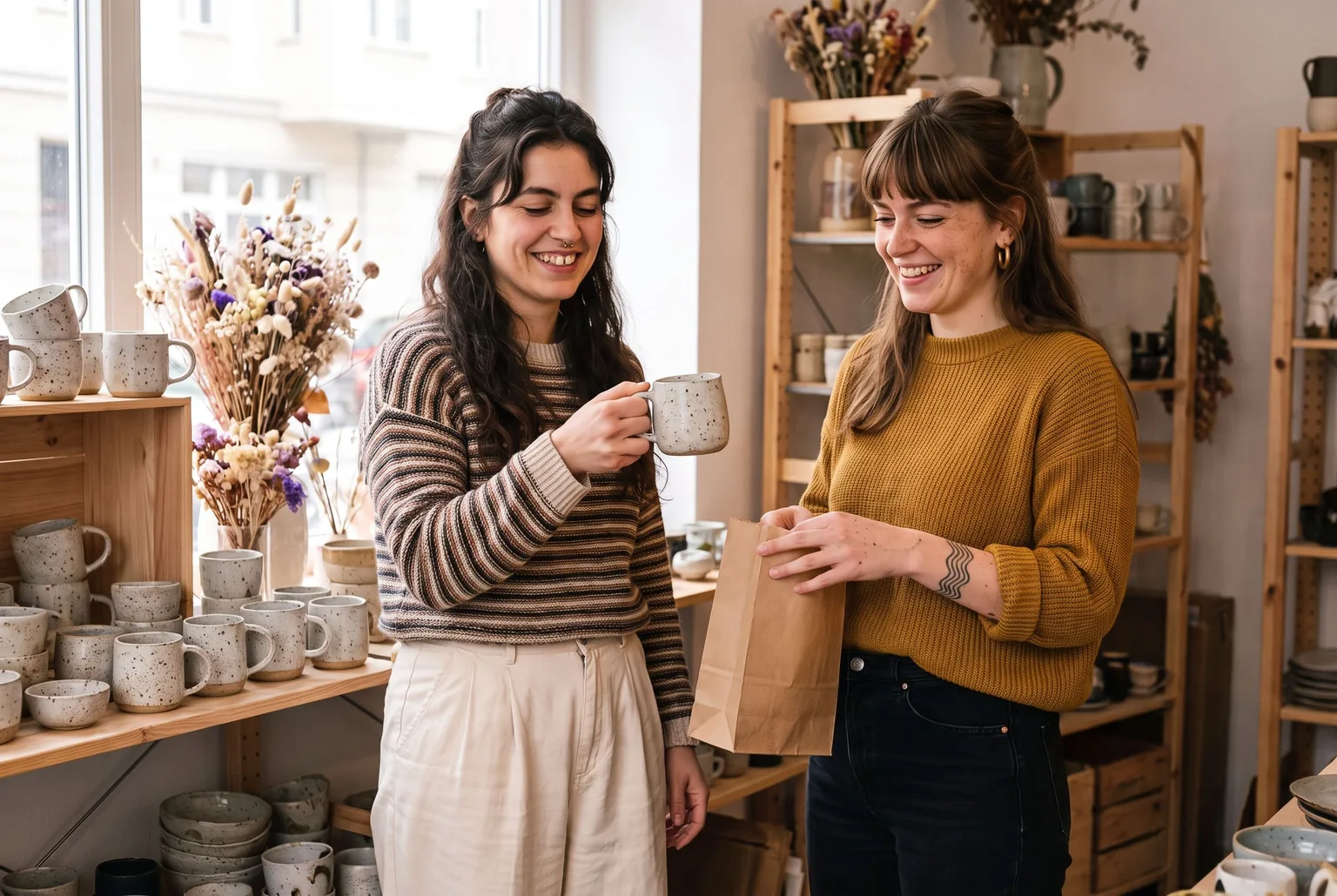 Zwei Freundinnen begutachten eine handgemachte Tasse in einem kleinen Keramikladen in Neukölln