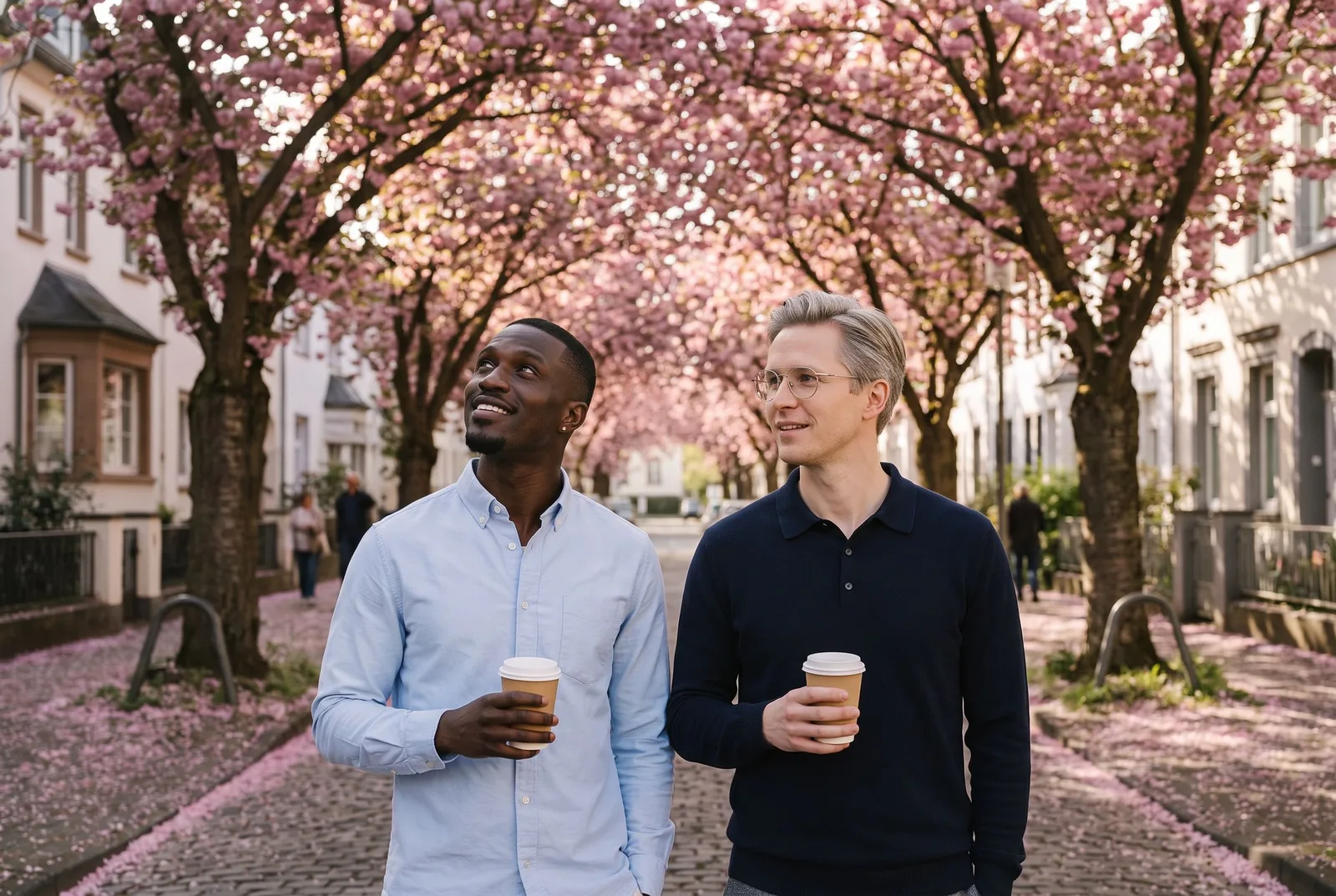 Zwei Männer mit Kaffee unter der Kirschblüte in der Bonner Altstadt
