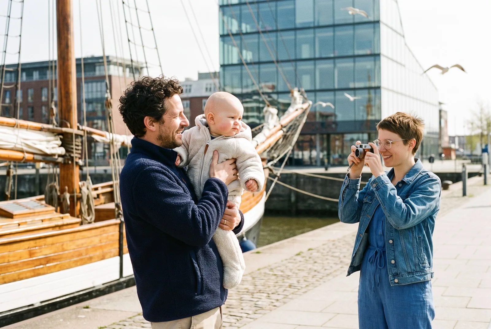 Ein Vater hebt sein Baby hoch, um ein Museumsschiff im Bremerhavener Hafen zu sehen, die Mutter fotografiert