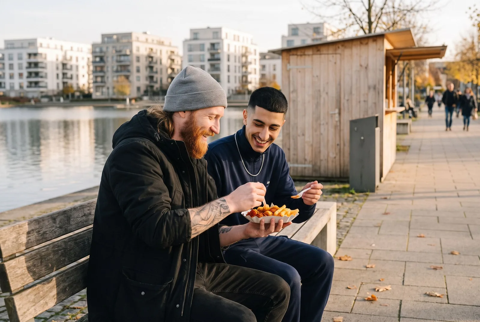 Zwei Freunde teilen sich Currywurst und Pommes auf einer Bank am Phoenix-See in Dortmund