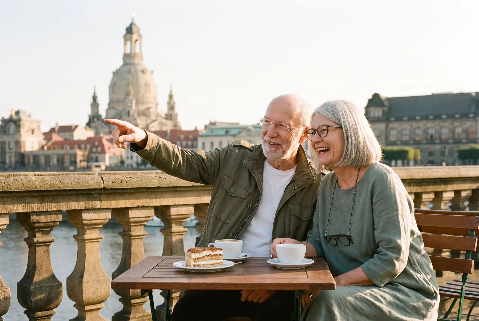Ein Paar beim Kaffee auf der Brühlschen Terrasse in Dresden, die Frauenkirche im Abendlicht dahinter
