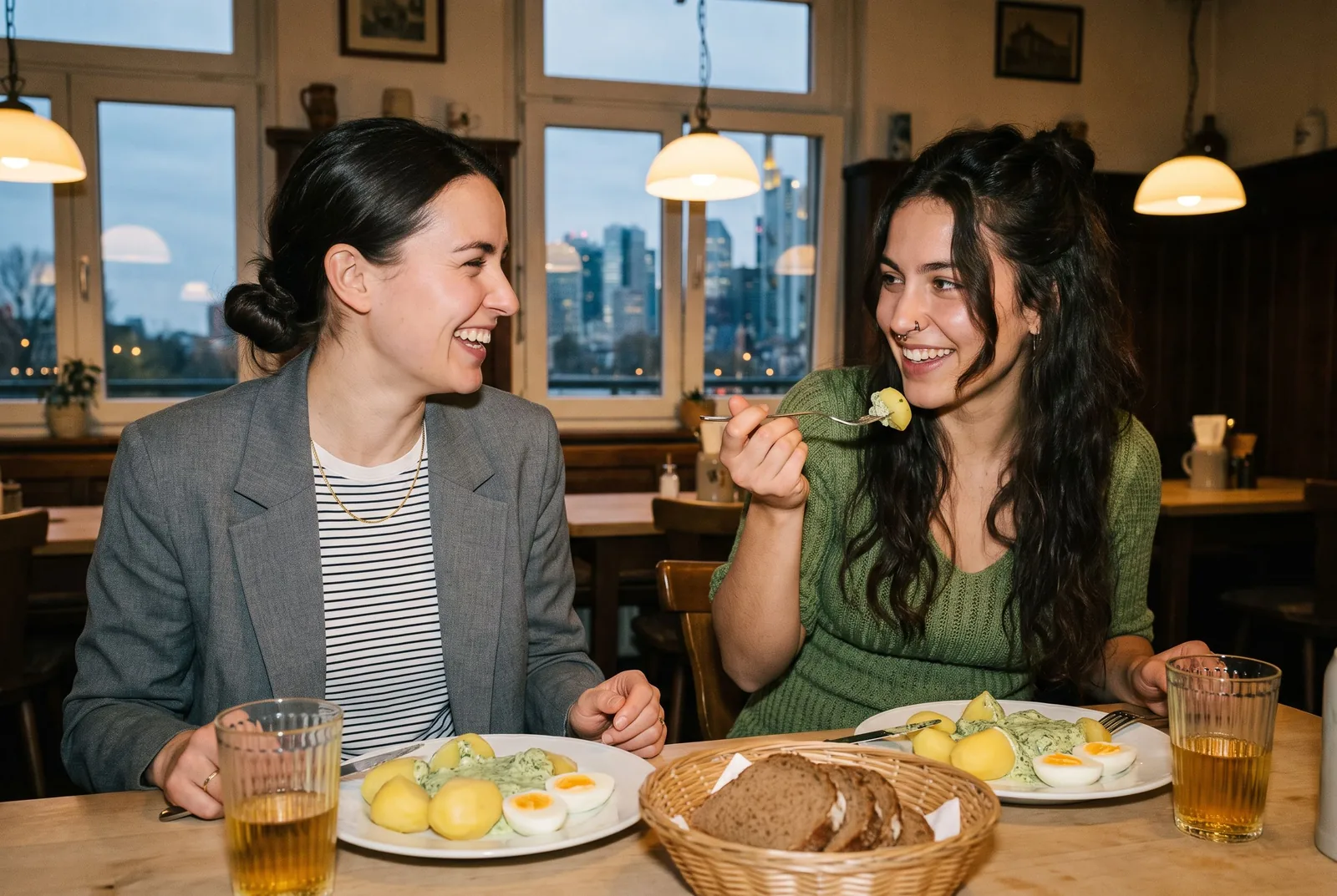 Two friends laughing over plates of Frankfurt green sauce in a Sachsenhausen tavern, the skyline in the window