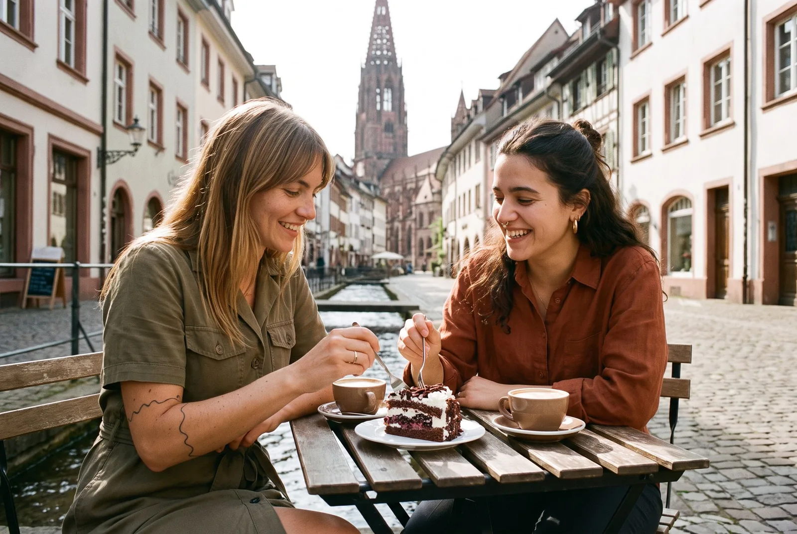 Zwei Freundinnen teilen sich Schwarzwälder Kirschtorte an einem Bächle in der Freiburger Altstadt