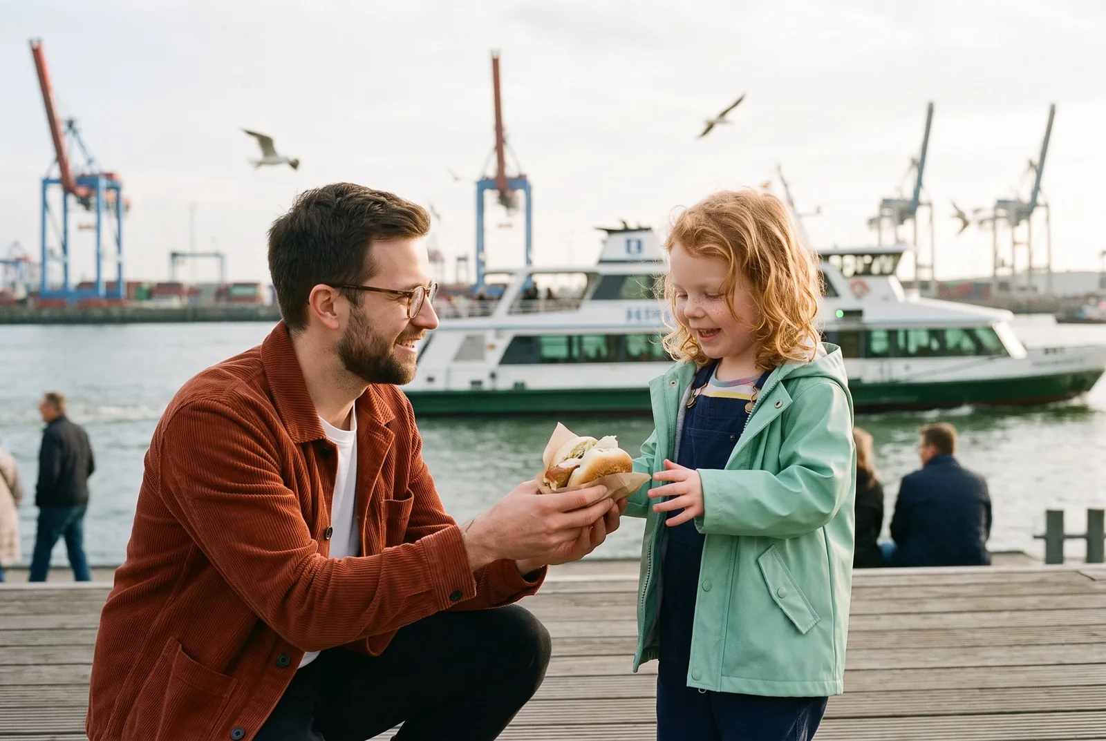 A father hands his small daughter a fish sandwich at the Landungsbrücken in Hamburg, harbour cranes behind