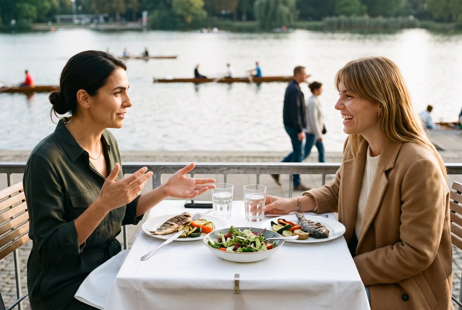 Zwei Freundinnen beim Abendessen auf der Terrasse eines Restaurants am Maschsee in Hannover