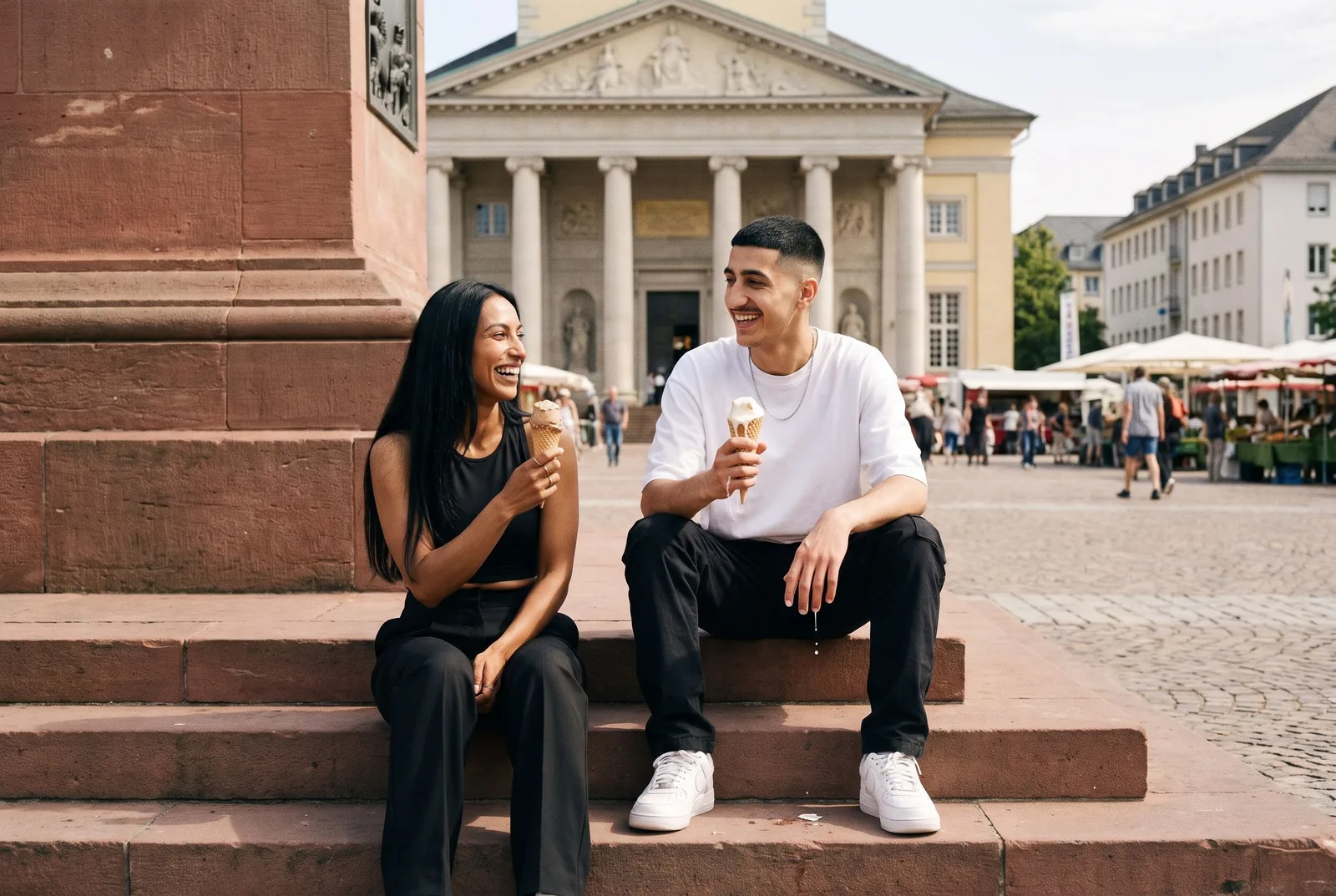 Geschwister mit Eis auf den Stufen an der Pyramide auf dem Marktplatz in Karlsruhe