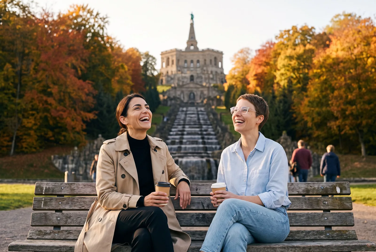 Zwei Freundinnen mit Kaffee auf einer Bank mit Blick auf die Kaskaden im Bergpark Wilhelmshöhe in Kassel