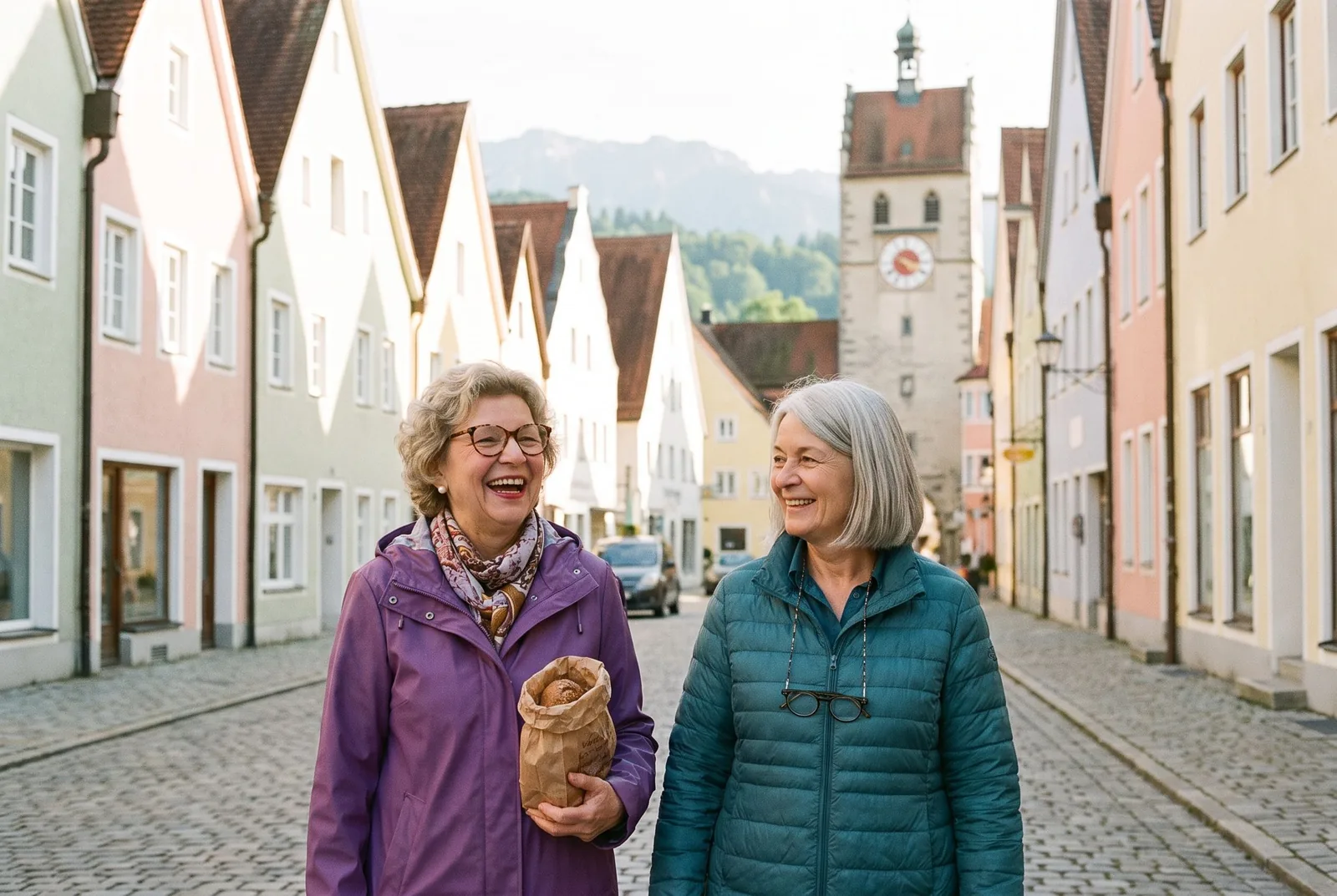 Zwei Freundinnen mit einer Bäckertüte in einer Gasse der Kaufbeurer Altstadt, die Allgäuer Berge dahinter