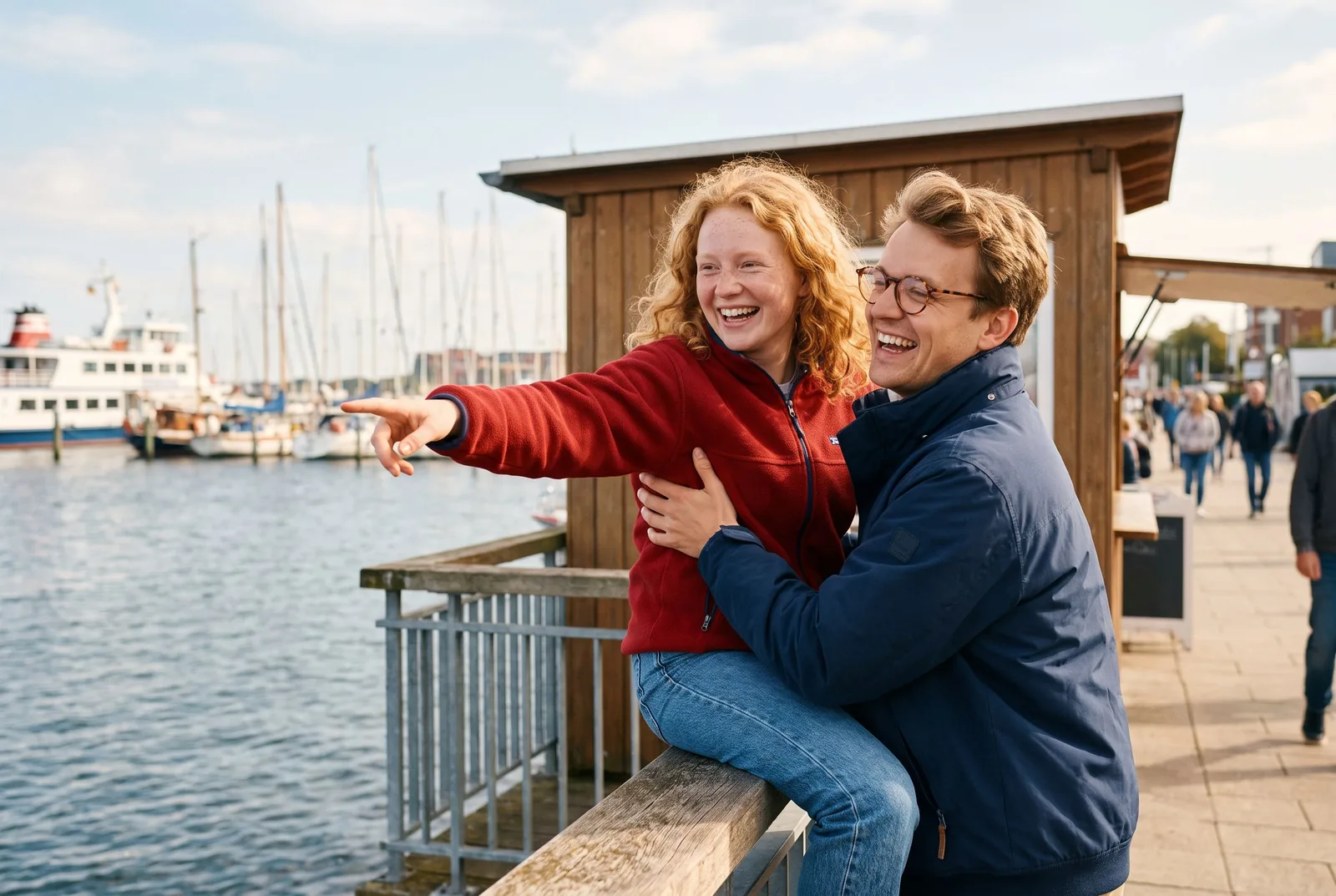 Ein Vater hebt seine Tochter an der Kiellinie in Kiel aufs Geländer, Segelboote auf der Förde
