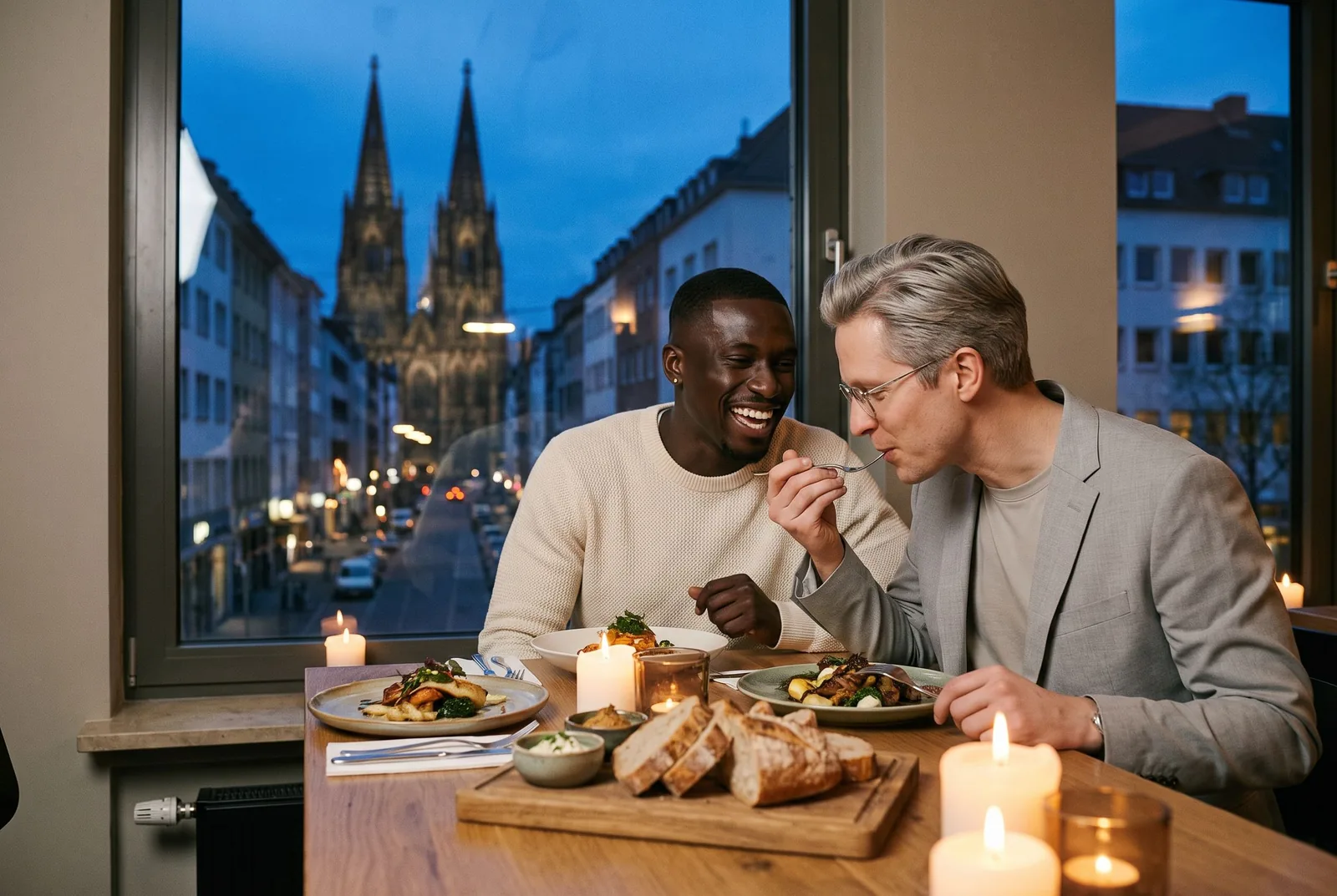 Two men at dinner by the window of a restaurant in Cologne's Belgian quarter, the cathedral at blue hour behind