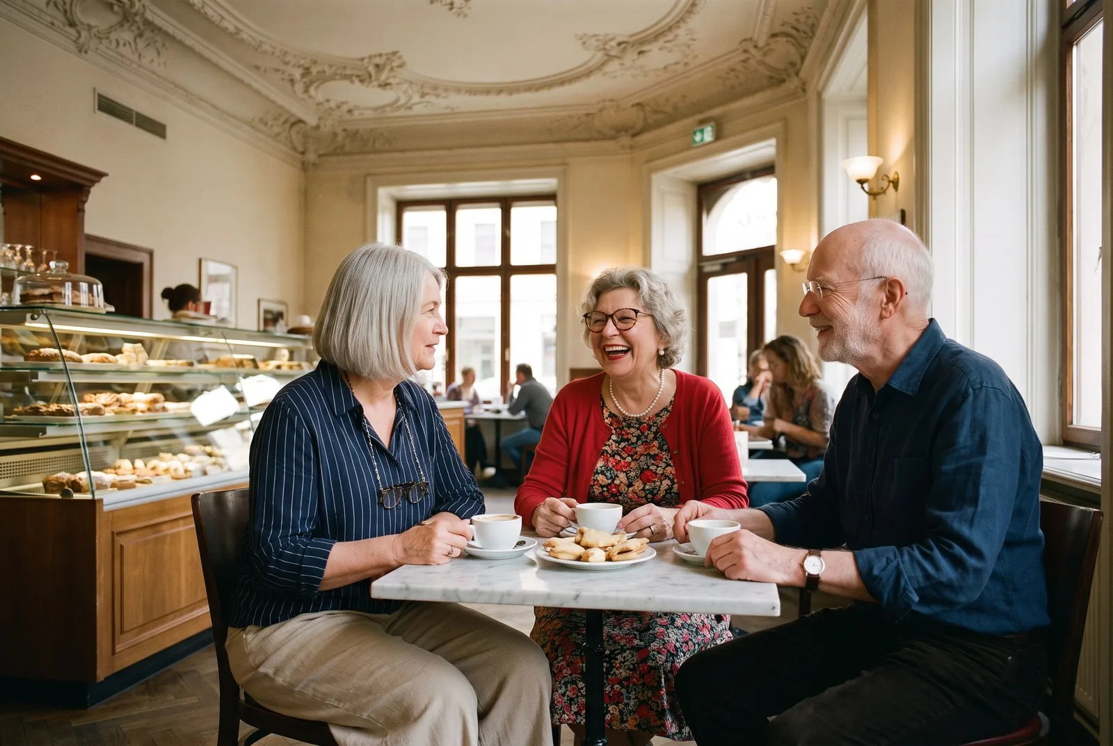 Drei Freunde teilen sich Leipziger Lerchen in einem alten Leipziger Kaffeehaus