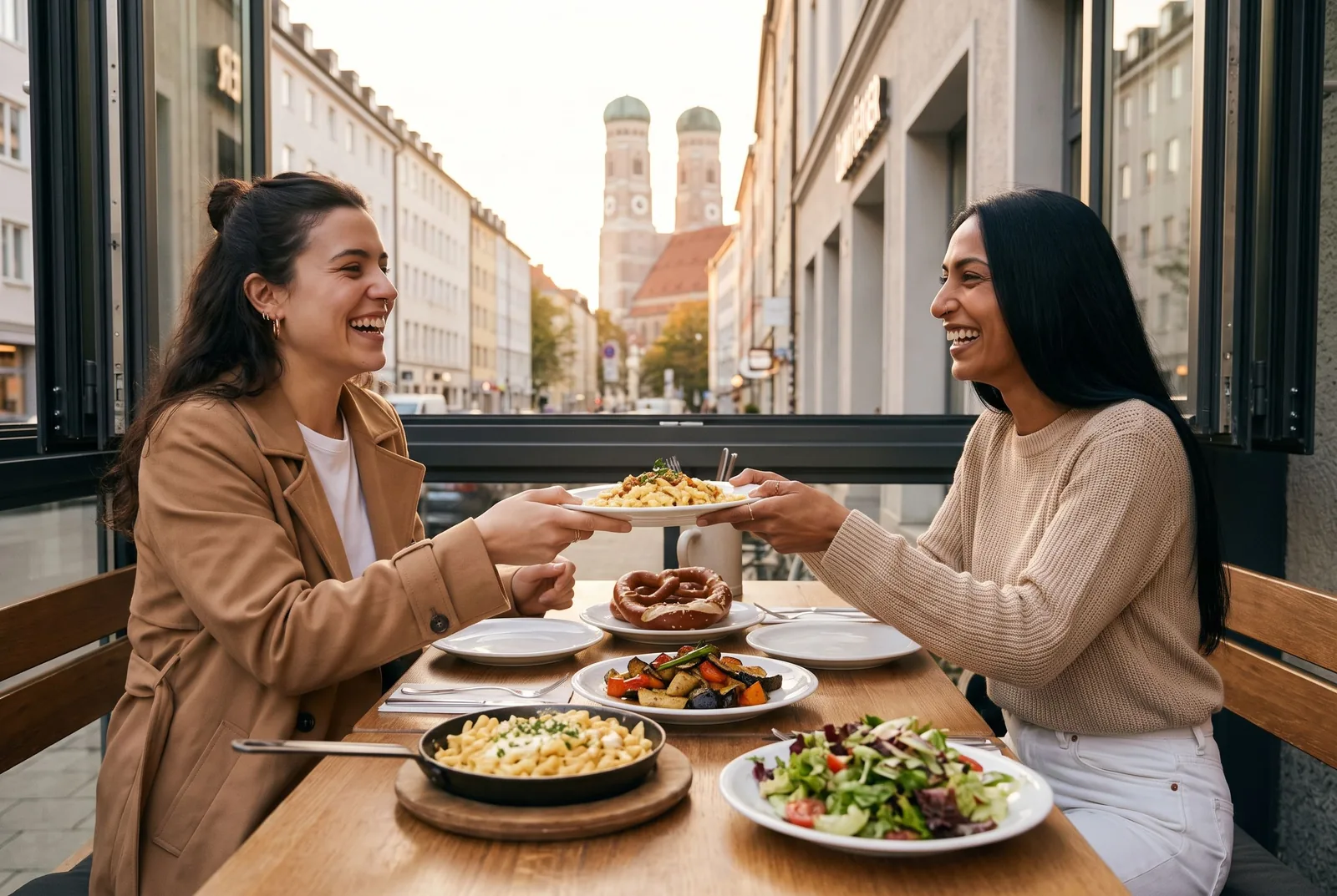 Zwei Freundinnen teilen sich Käsespätzle und Salat in einem modernen Restaurant im Münchner Glockenbachviertel, die Frauenkirche am Ende der Straße