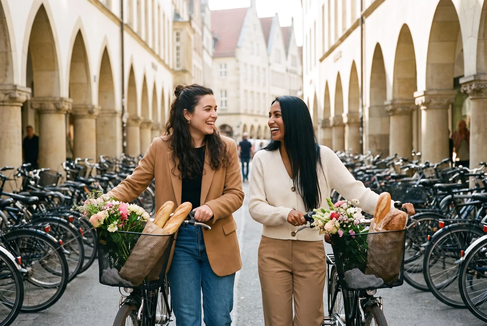 Zwei Freundinnen schieben ihre Fahrräder über den Prinzipalmarkt in Münster
