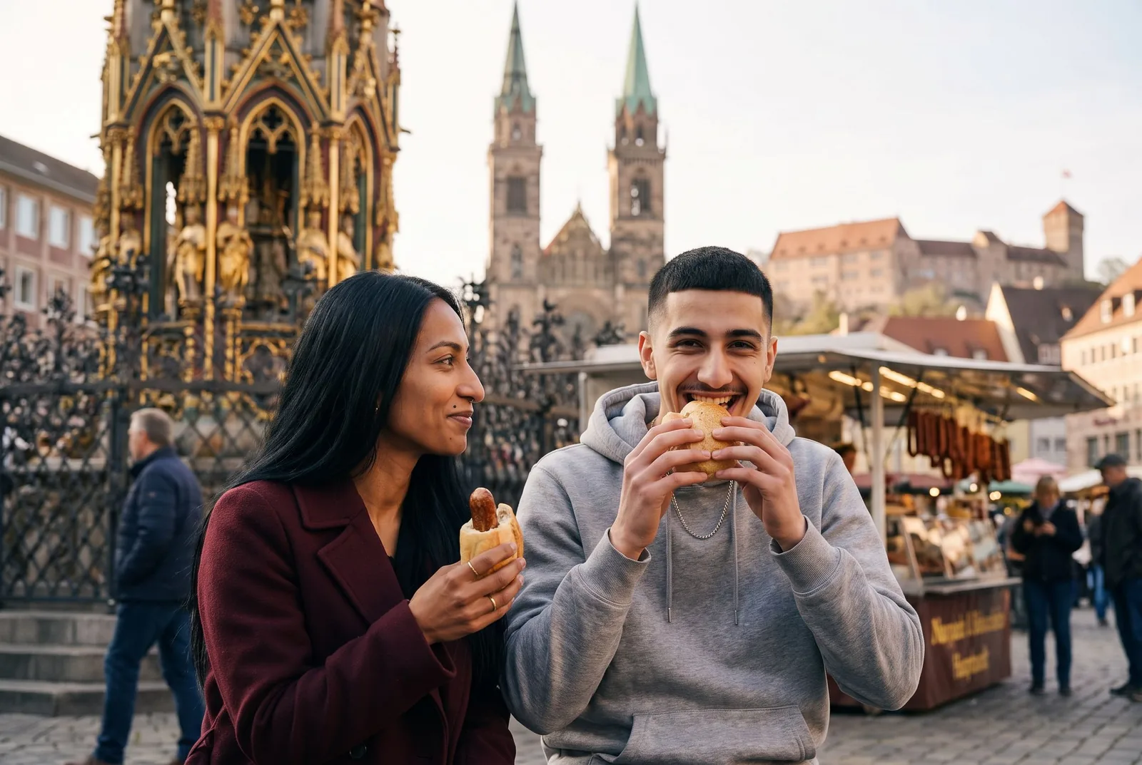 Geschwister essen Drei im Weggla am Schönen Brunnen auf dem Nürnberger Hauptmarkt