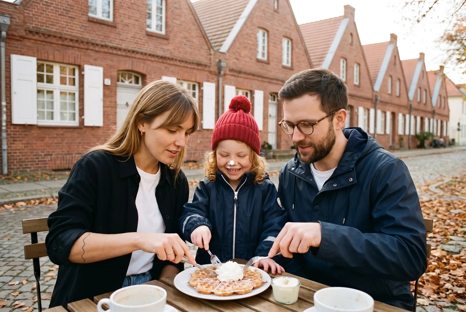 Eine Familie mit Waffeln vor den roten Backsteinhäusern des Holländischen Viertels in Potsdam