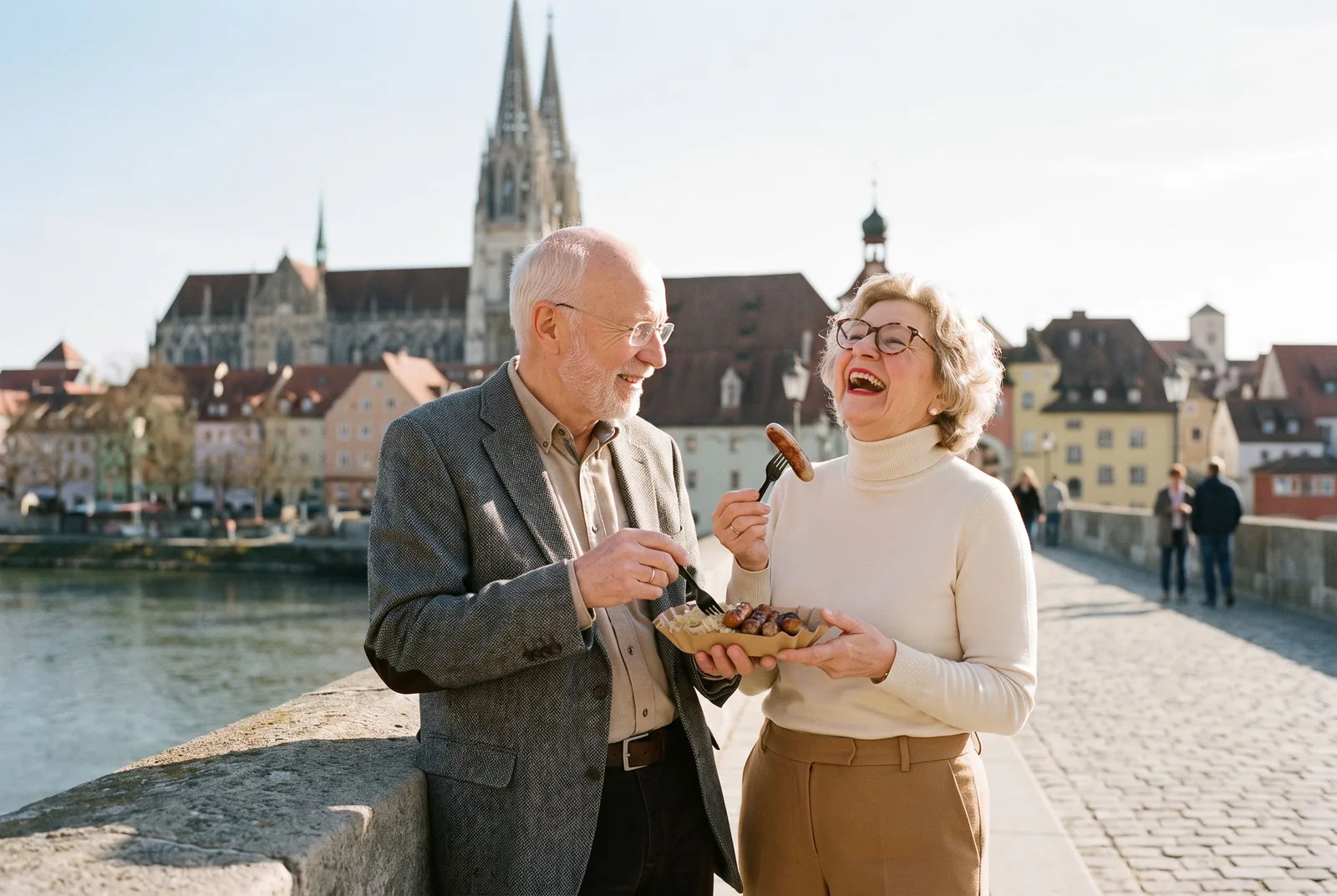 Ein Paar isst Bratwürste auf der Steinernen Brücke in Regensburg, die Domtürme dahinter