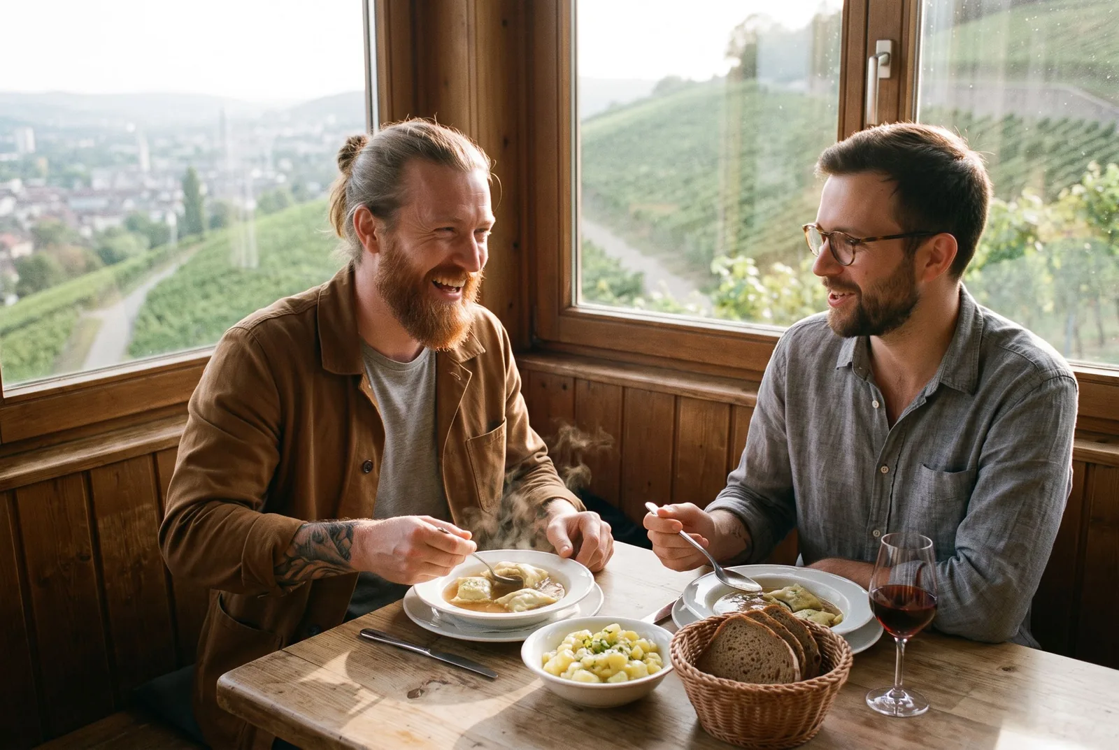 Zwei Freunde essen Maultaschen in einer Weinstube über den Stuttgarter Weinbergen