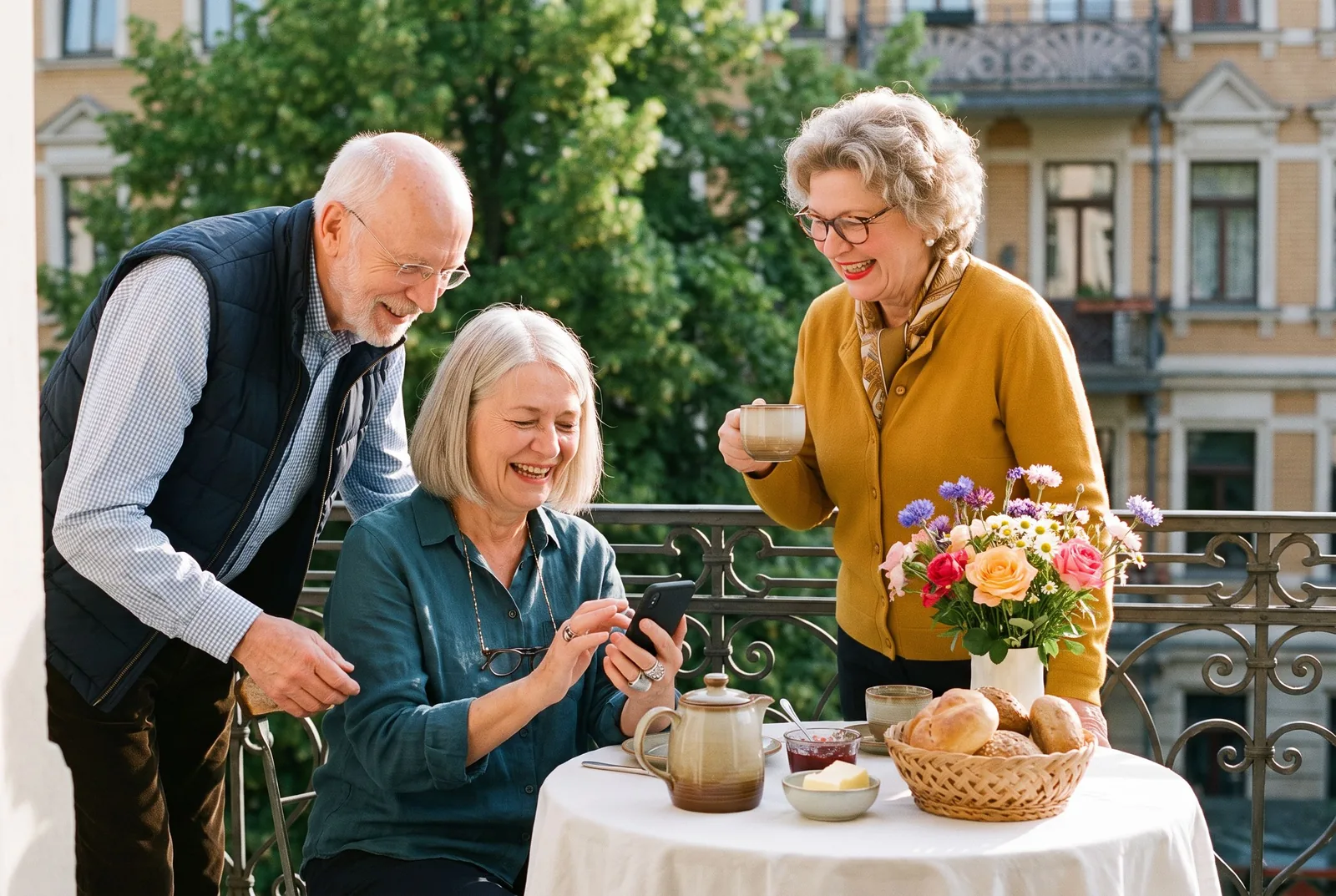 Eine ältere Frau liest beim Geburtstagsfrühstück auf dem Balkon gerührt ihr Handy, ihr Mann und ihre Freundin freuen sich mit