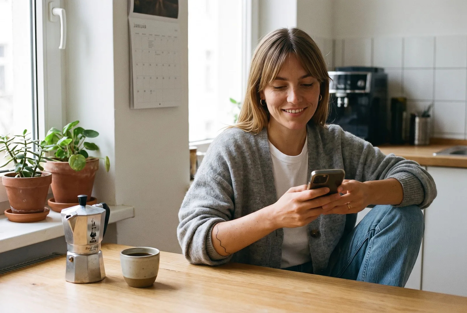 Eine Frau sitzt morgens mit Kaffee und Handy am Küchentisch und lächelt zufrieden