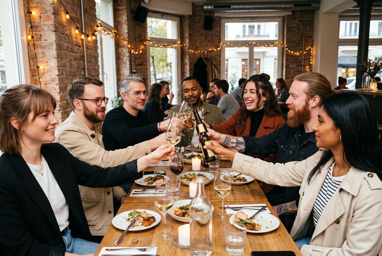 Seven friends toasting at a long table in a restaurant