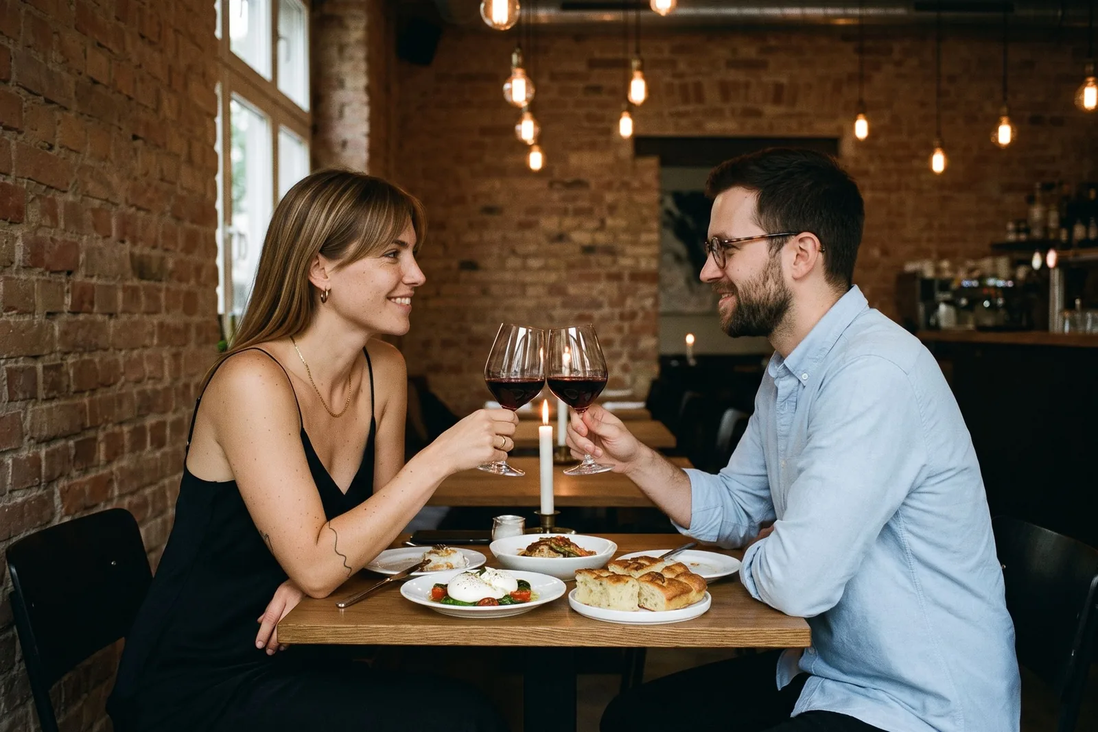 A couple clinking glasses of red wine by candlelight in a restaurant