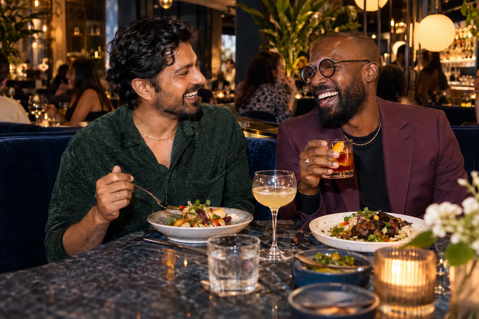 A couple enjoying dinner in a warmly lit restaurant