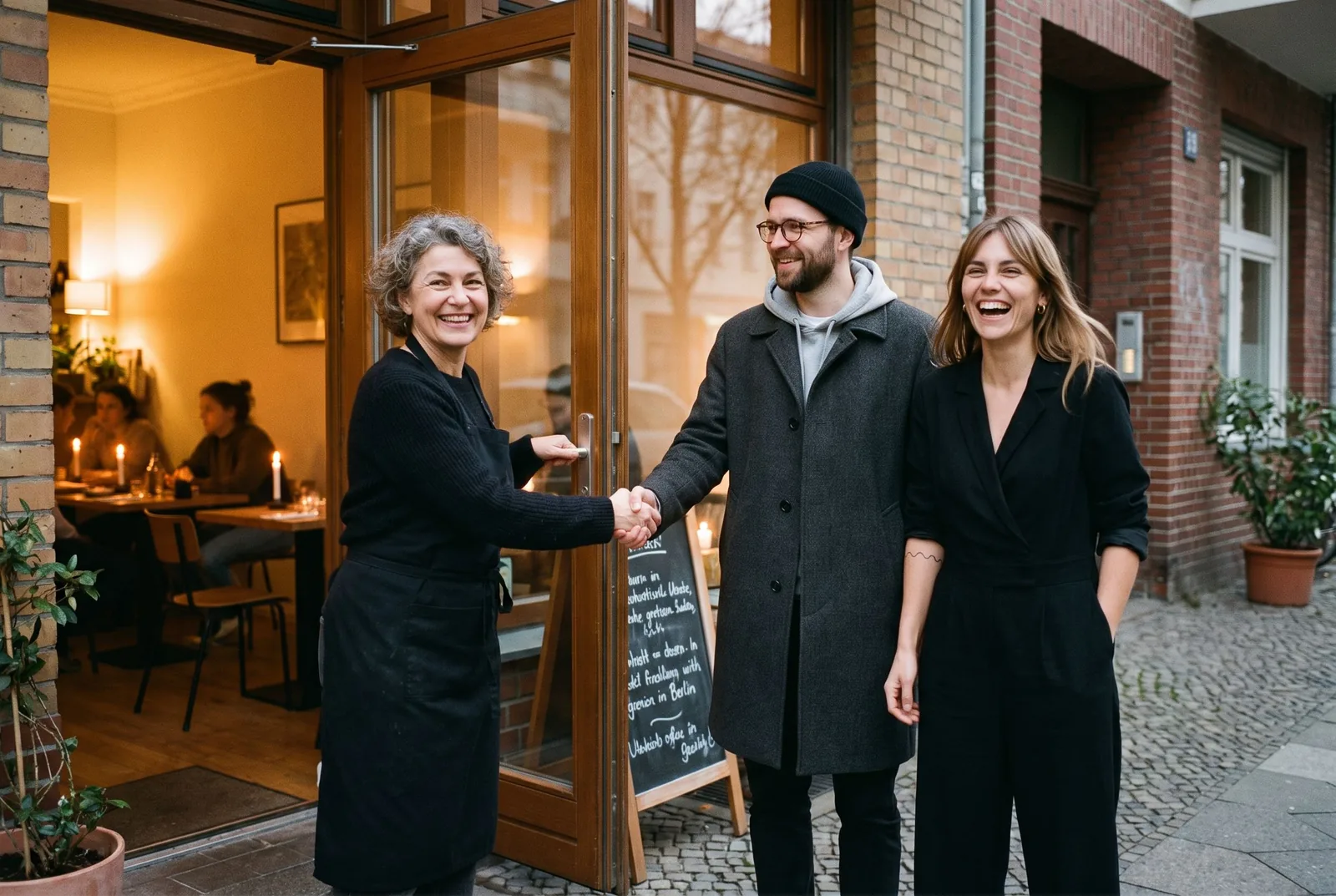 A host welcomes two guests at the door of her small restaurant