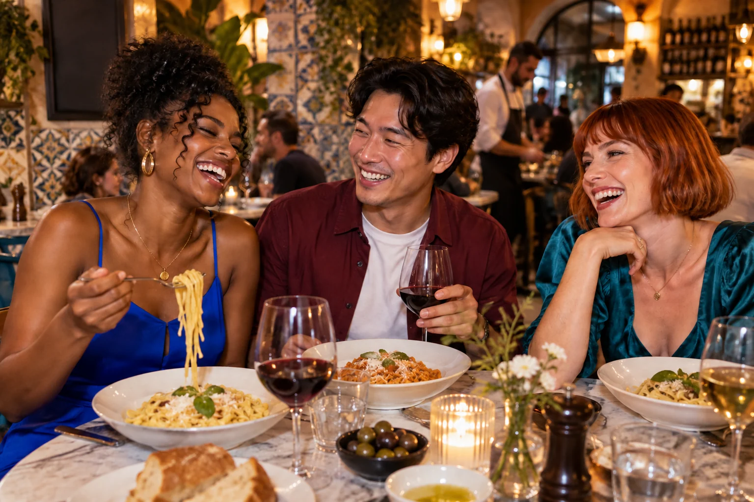 Three friends laughing over fresh pasta in an Italian restaurant