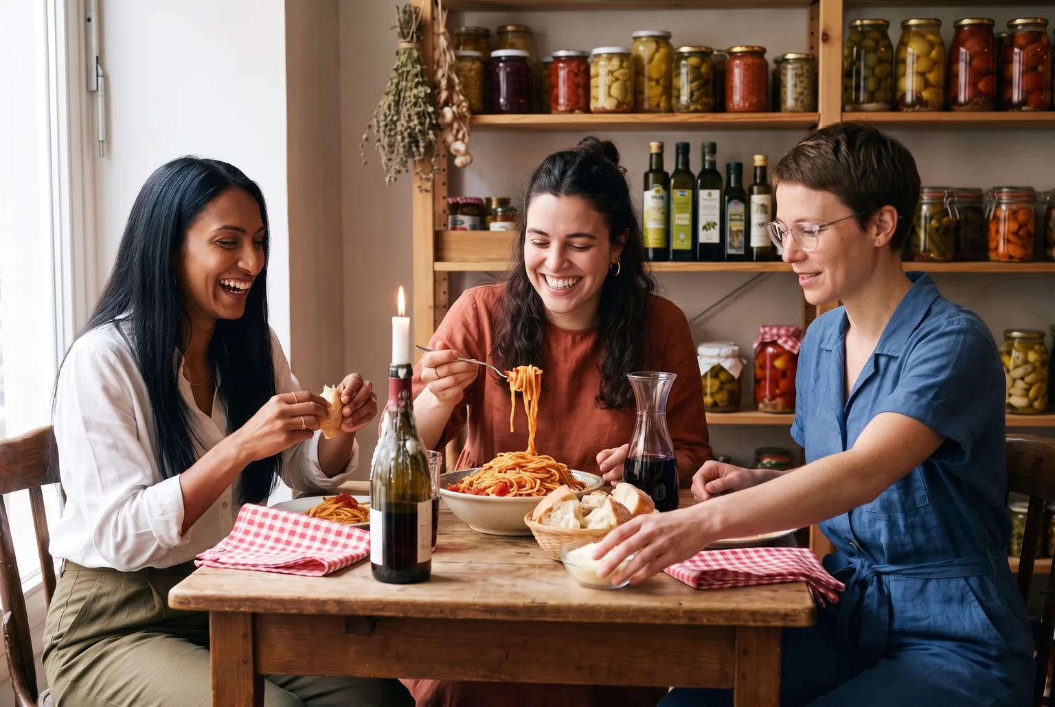 Three friends sharing a big bowl of pasta in a small trattoria