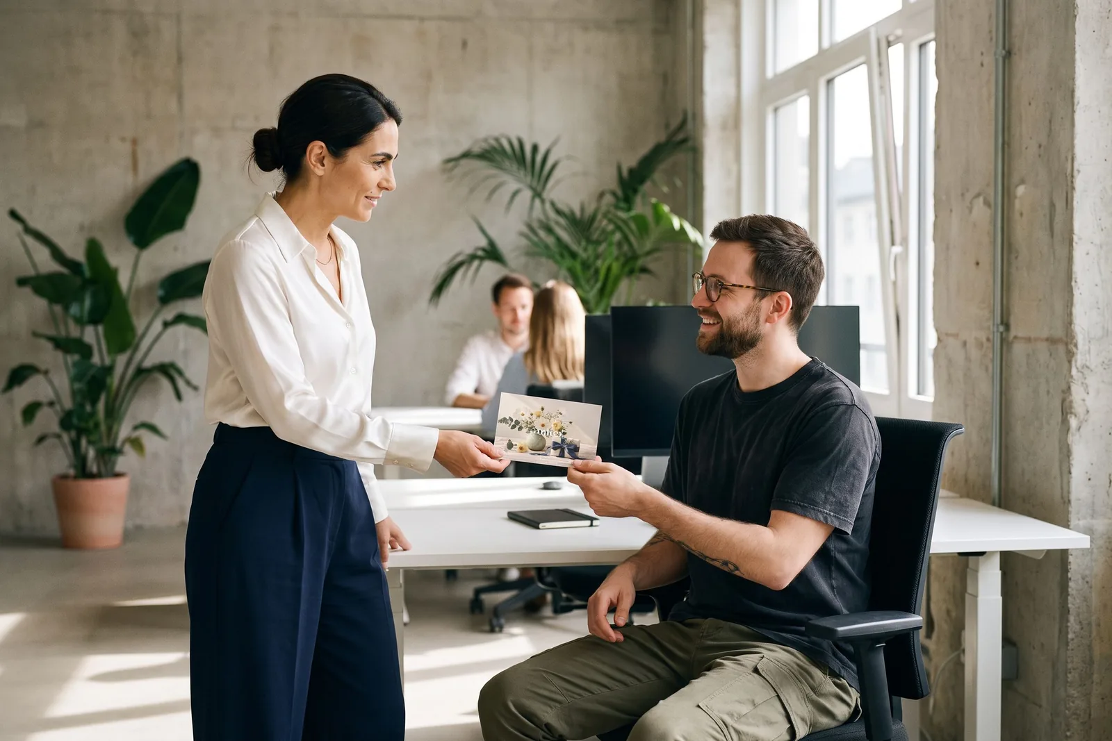 A manager handing a colleague a thank-you card at his desk