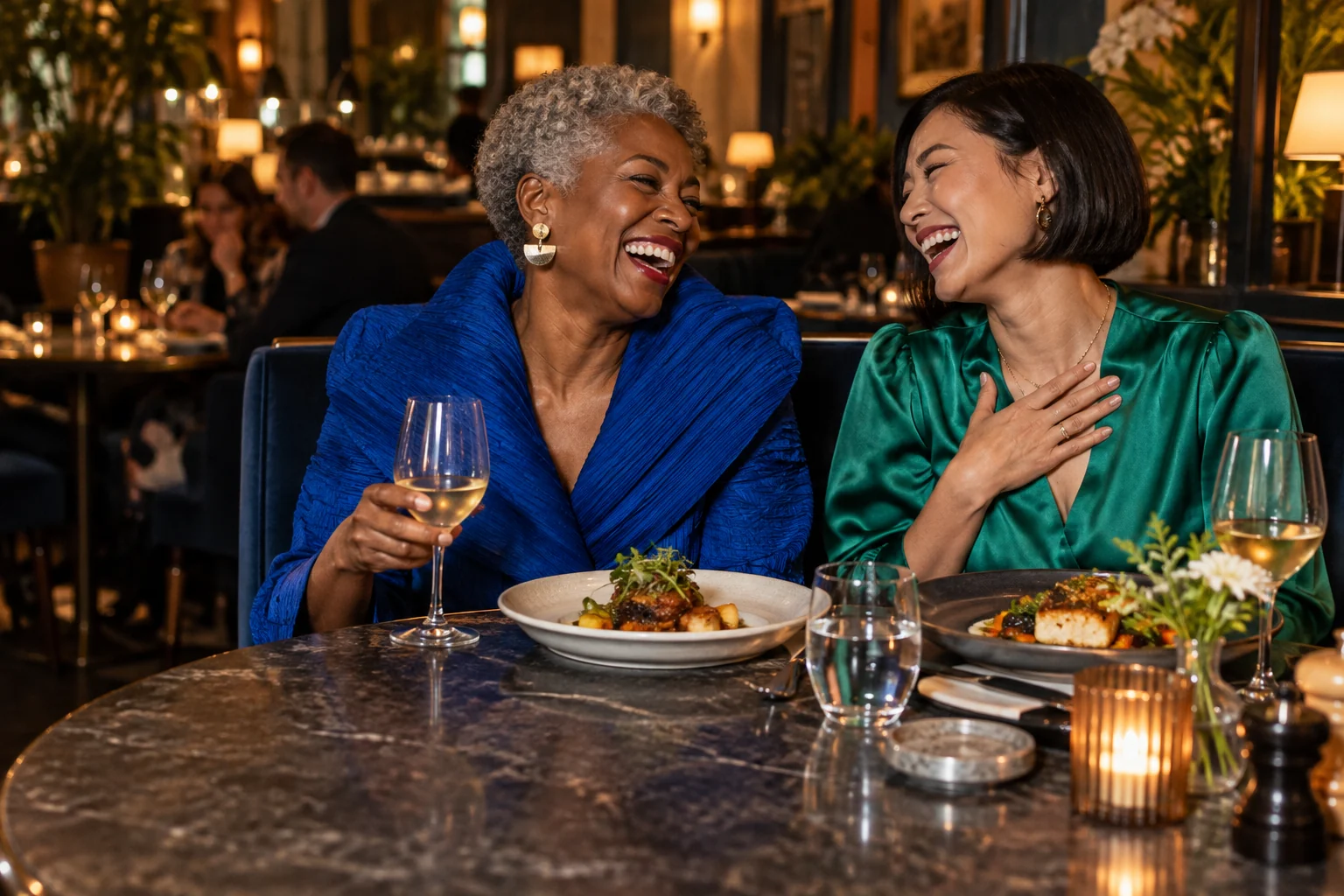 Two friends laughing over dinner together