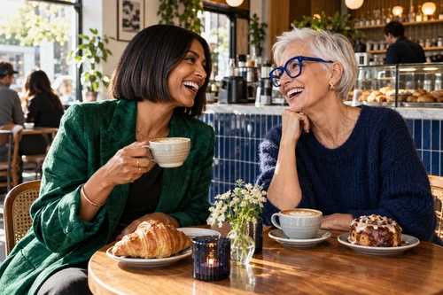Zwei Freundinnen genießen Kaffee und Gebäck im Café