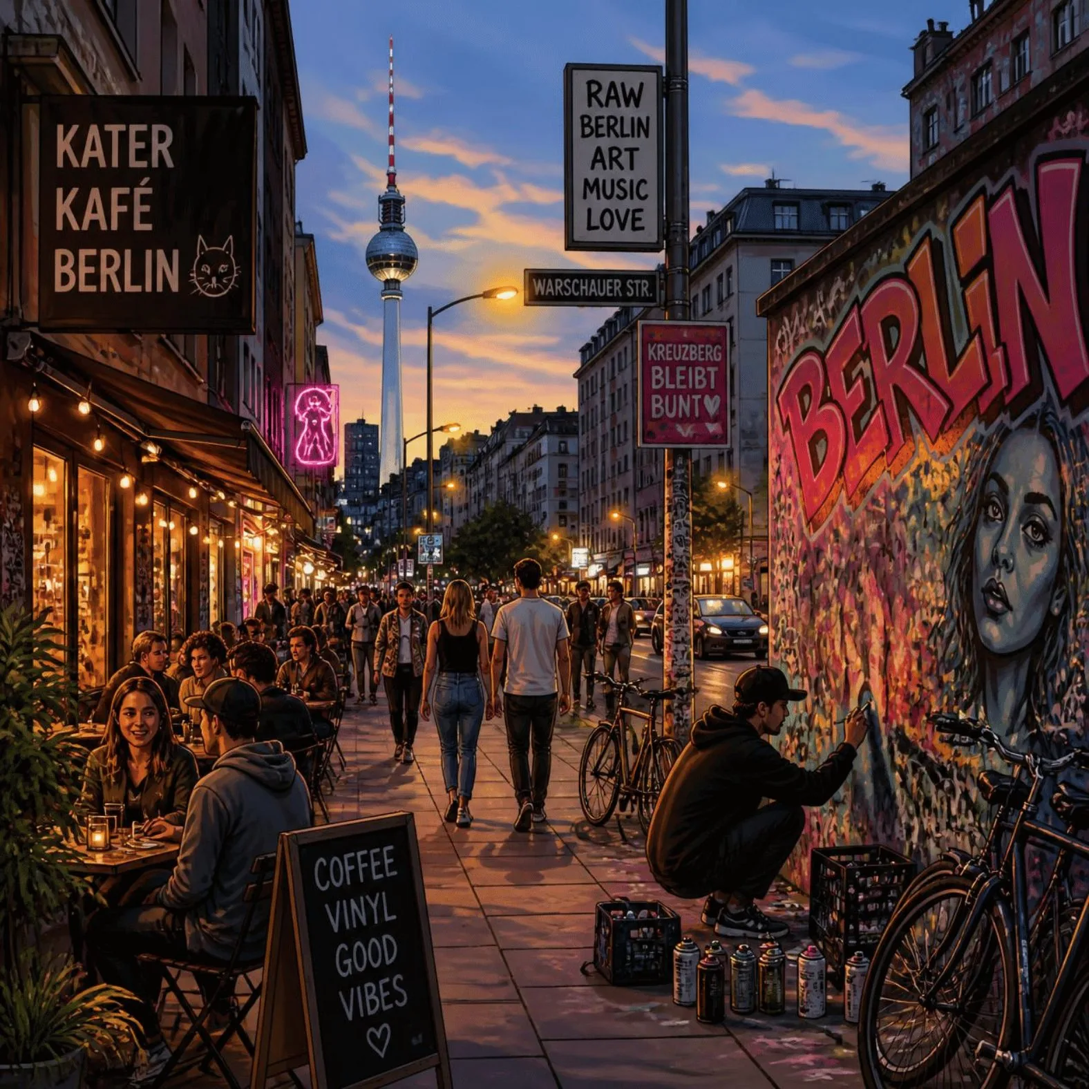 Eine belebte Berliner Straße mit Caféterrassen, Streetart und Fernsehturm bei Abendlicht