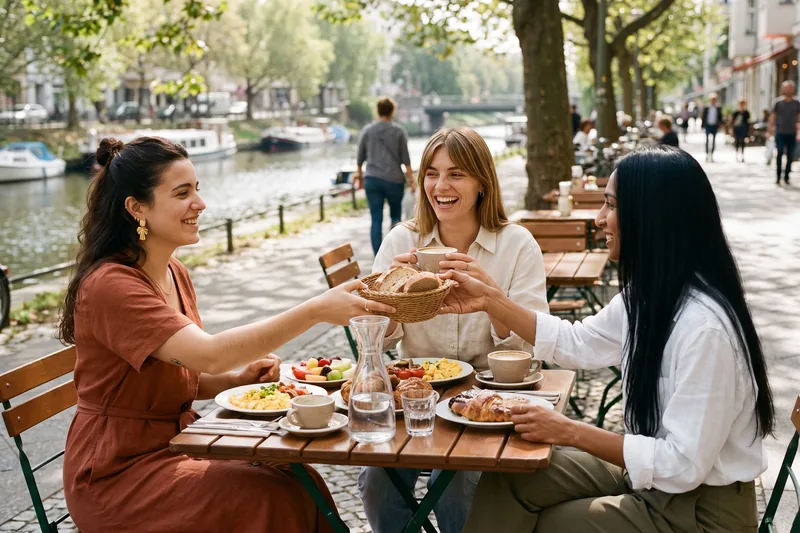 Drei Freundinnen frühstücken draußen am Kanal, eine reicht den Brotkorb weiter