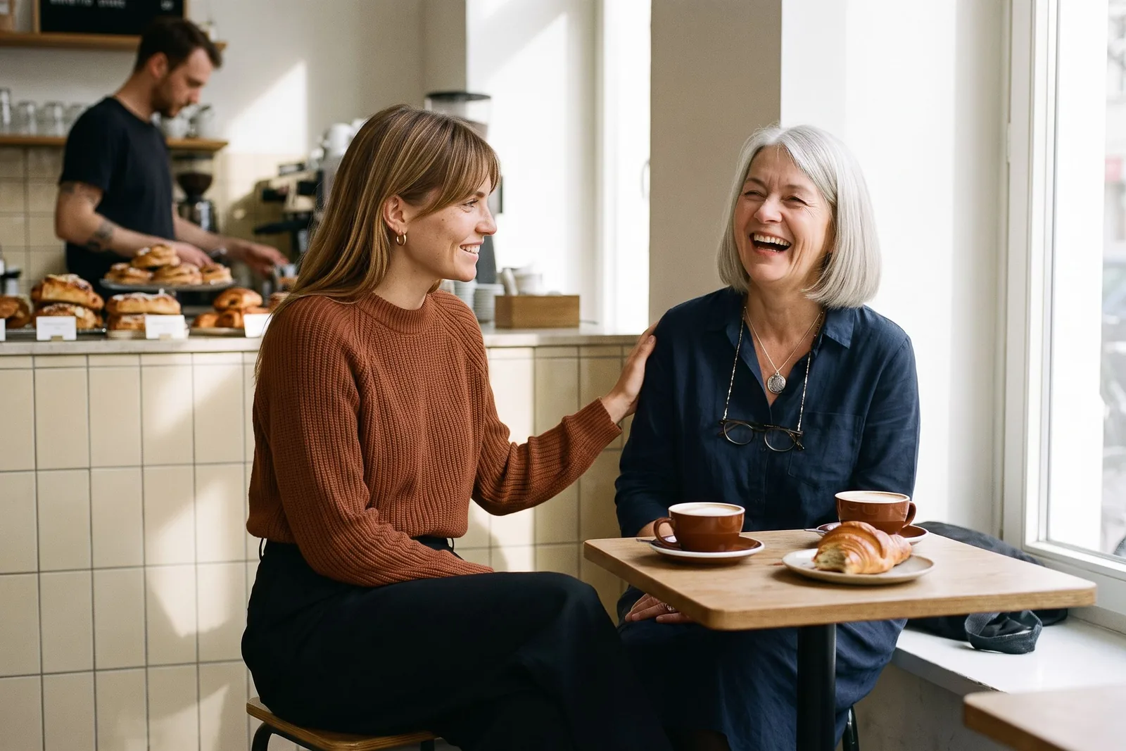 Eine Frau und ihre Mutter lachen bei Cappuccino und Croissant in einem Café im Kiez.