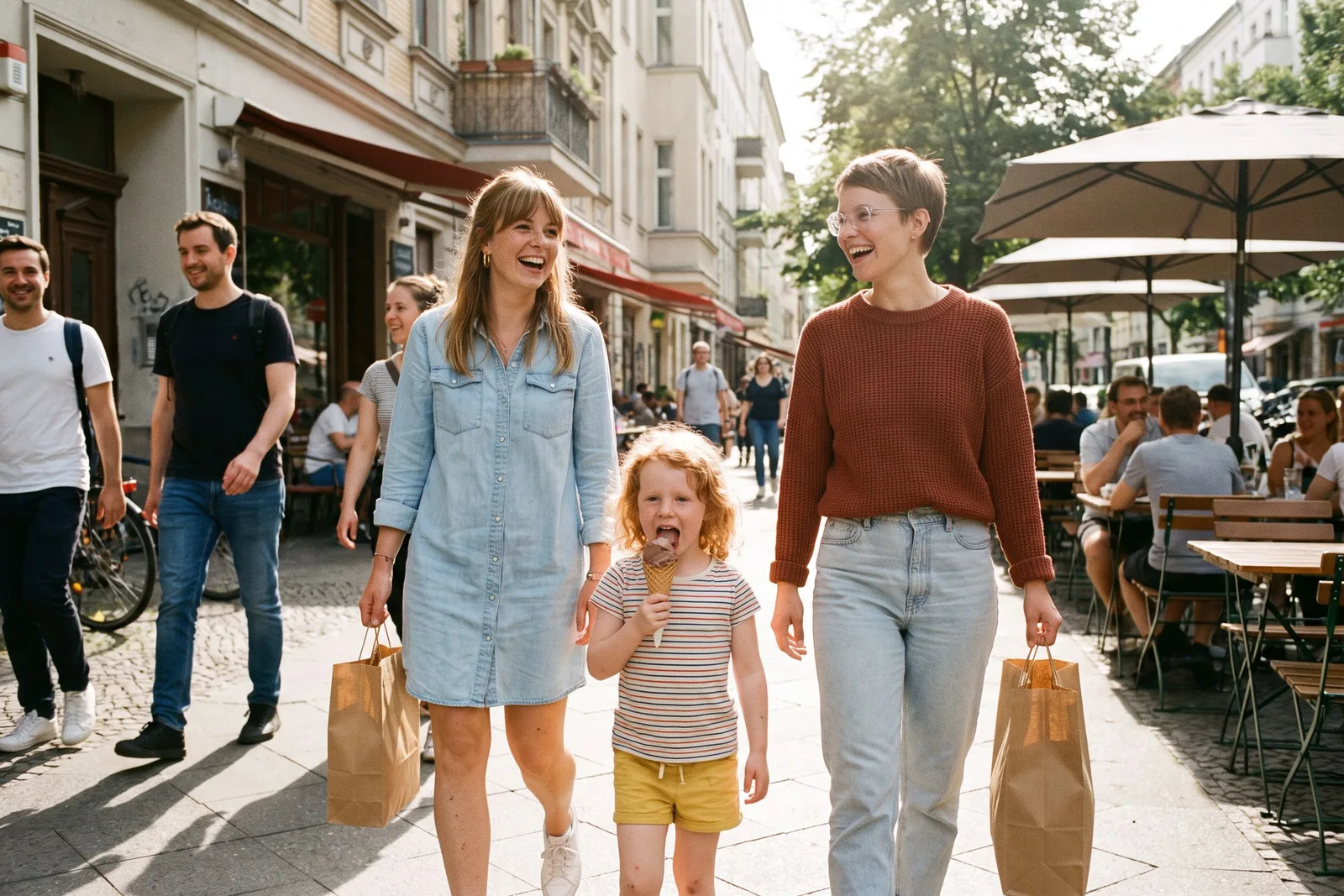 Zwei Freundinnen mit Einkaufstüten und ein Kind mit Eis auf einer Einkaufsstraße