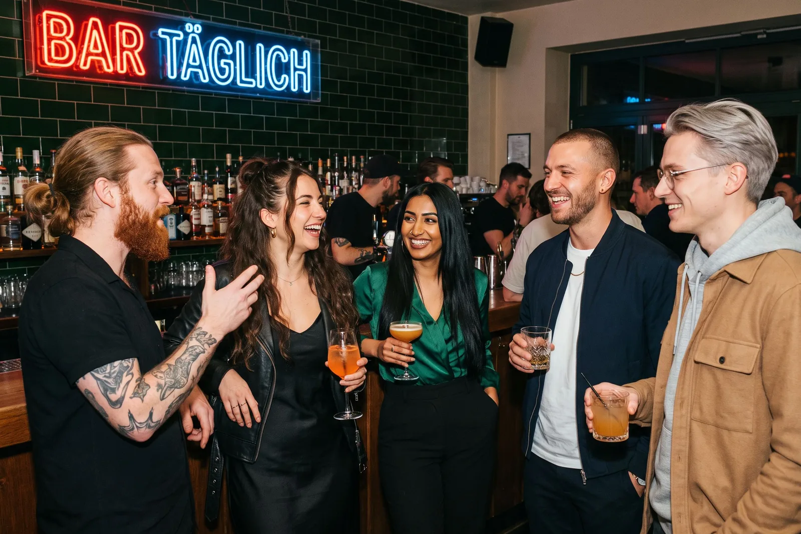 Fünf Freunde lachen mit Cocktails an der Bar einer Kneipe