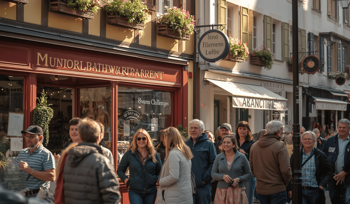 Lebendiges Stadtviertel mit Menschen vor inhabergeführten Geschäften