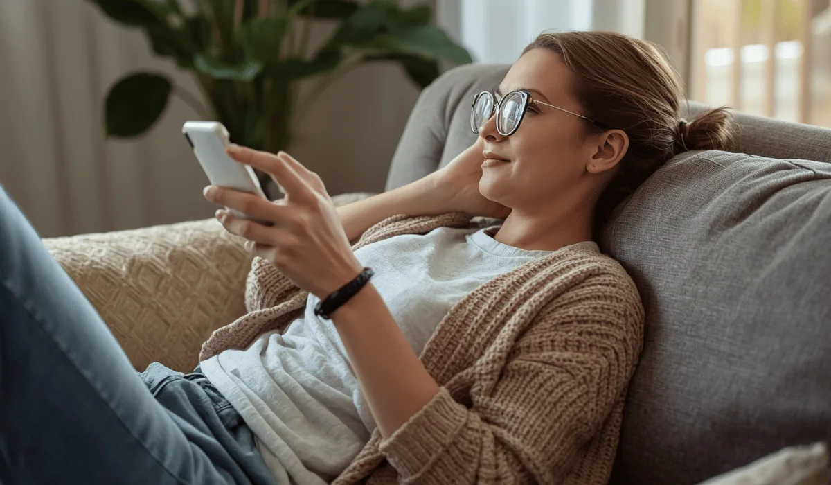 Person prüft entspannt das Guthaben ihres Gutscheins auf dem Smartphone