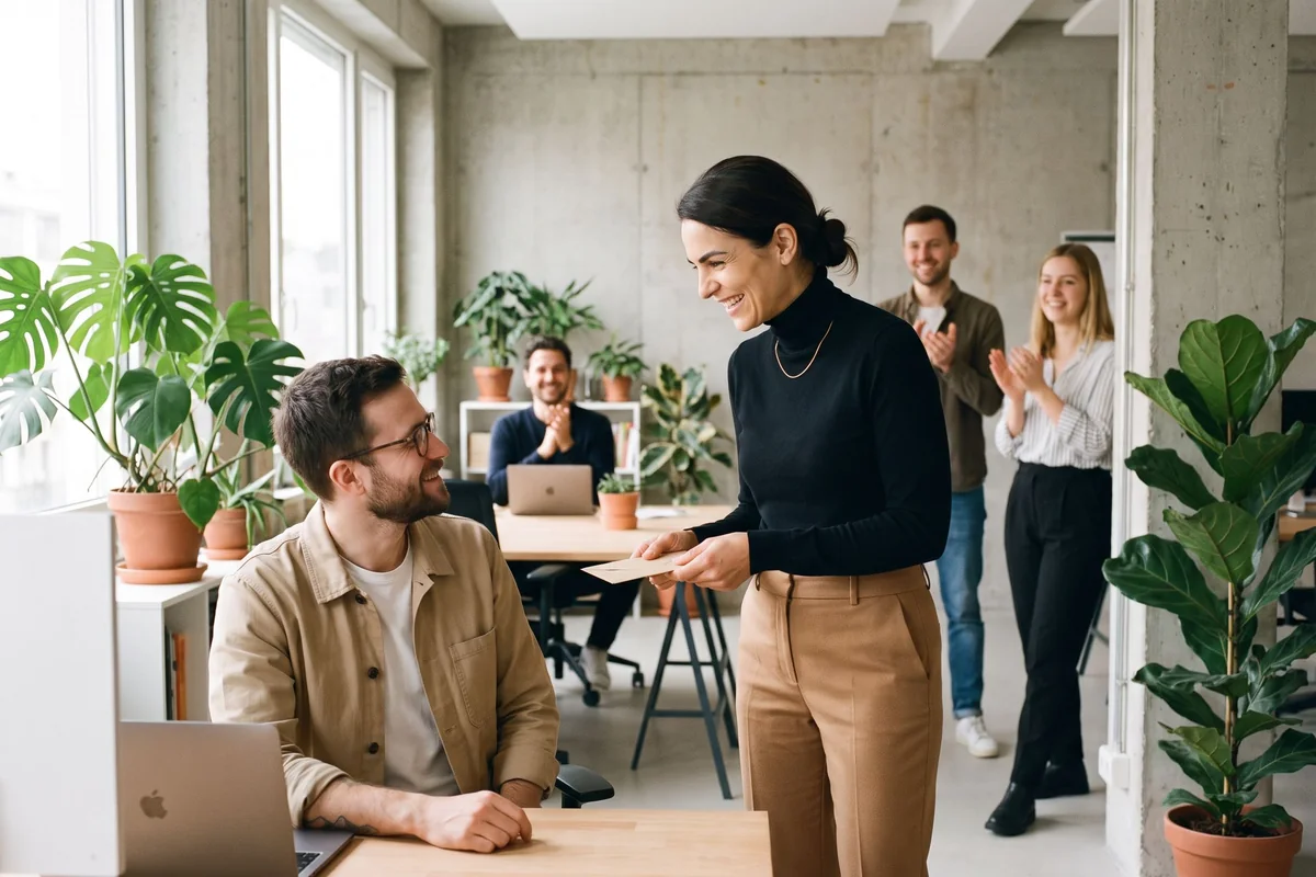 Zwei Kolleginnen und Kollegen im Gespräch in einem hellen Büro