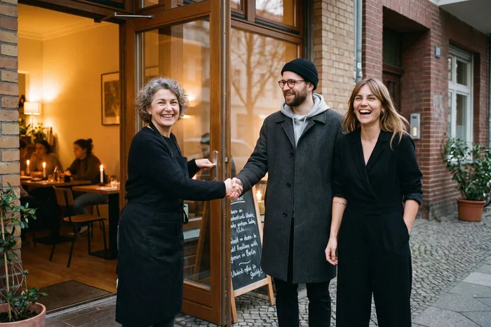 Gastgeberin begrüßt Gäste an der Tür ihres Restaurants