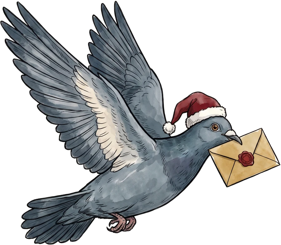 Taubert, die Weihnachtstaube: eine Brieftaube mit Weihnachtsmütze und einem goldenen Umschlag