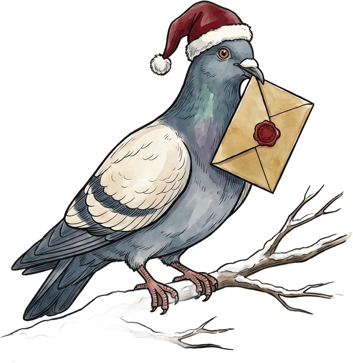 Taubert, die Weihnachtstaube: eine Brieftaube mit Weihnachtsmütze und einem goldenen Umschlag